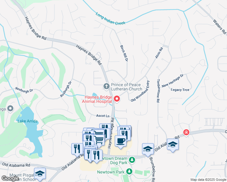 map of restaurants, bars, coffee shops, grocery stores, and more near 10145 Rillridge Court in Alpharetta