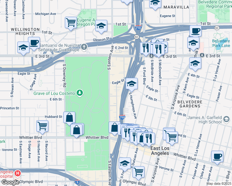 map of restaurants, bars, coffee shops, grocery stores, and more near 475 South Sydney Drive in Los Angeles