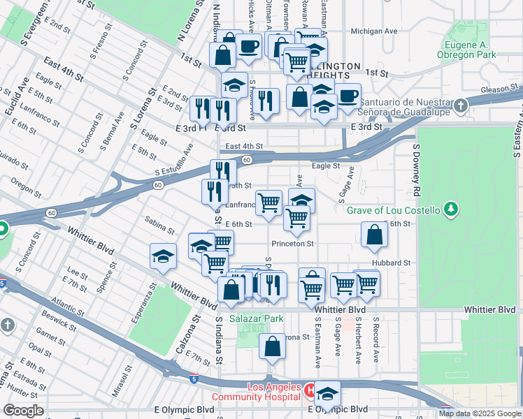 map of restaurants, bars, coffee shops, grocery stores, and more near 543 South Ditman Avenue in Los Angeles