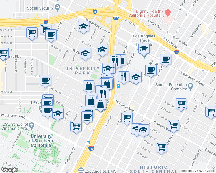map of restaurants, bars, coffee shops, grocery stores, and more near 2508 South Figueroa Street in Los Angeles