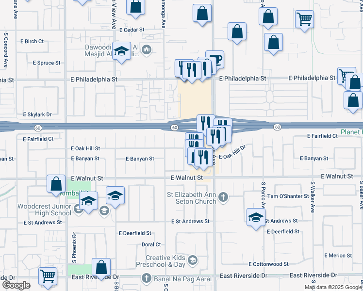 map of restaurants, bars, coffee shops, grocery stores, and more near 2447 South Raymond Place in Ontario