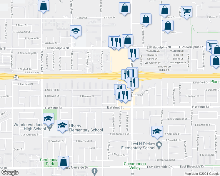 map of restaurants, bars, coffee shops, grocery stores, and more near 2447 S Raymond Pl in Ontario