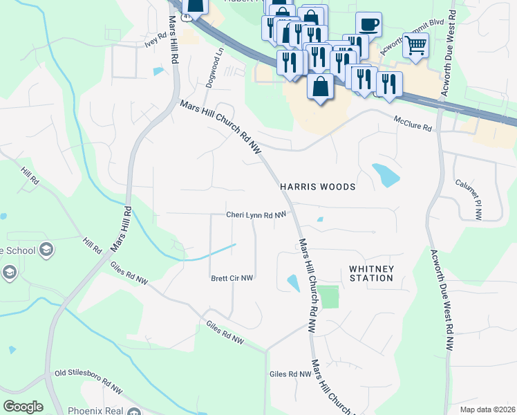 map of restaurants, bars, coffee shops, grocery stores, and more near 4716 Cheri Lynn Road Northwest in Acworth