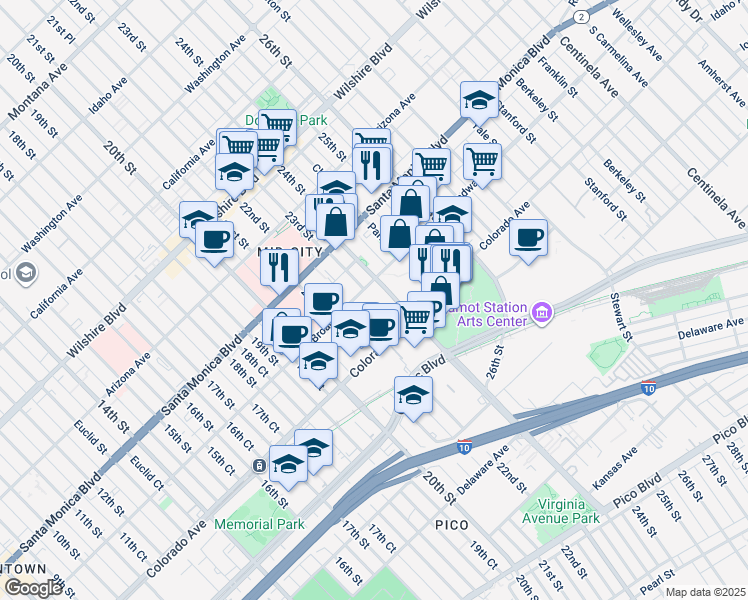 map of restaurants, bars, coffee shops, grocery stores, and more near 23rd Street in Santa Monica