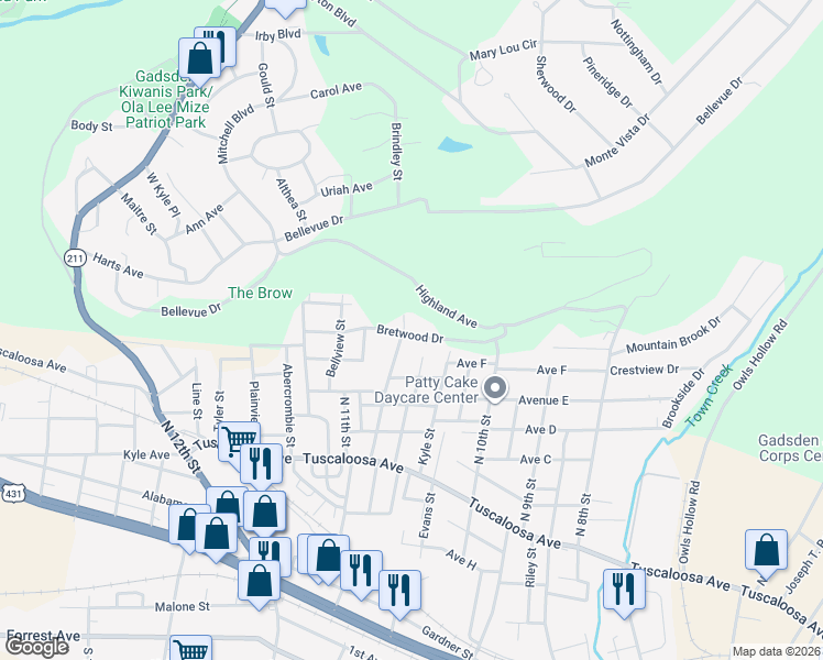 map of restaurants, bars, coffee shops, grocery stores, and more near 901 Spring Street in Gadsden