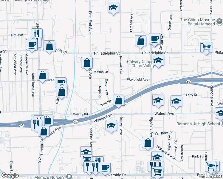 map of restaurants, bars, coffee shops, grocery stores, and more near 12336 Maxon Lane in Chino