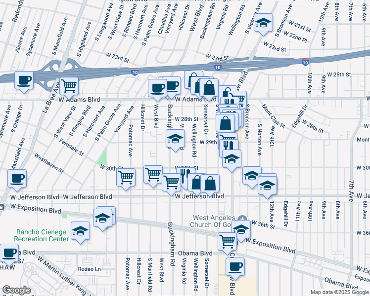 map of restaurants, bars, coffee shops, grocery stores, and more near 2910 Virginia Road in Los Angeles