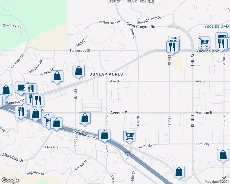 map of restaurants, bars, coffee shops, grocery stores, and more near 31960 Chagall Way in Yucaipa