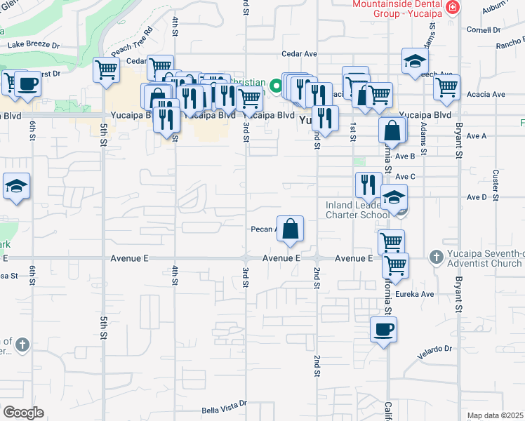 map of restaurants, bars, coffee shops, grocery stores, and more near 12367 3rd Street in Yucaipa