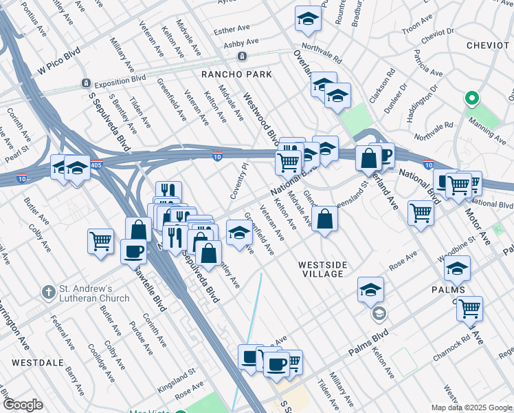 map of restaurants, bars, coffee shops, grocery stores, and more near 10930 National Boulevard in Los Angeles