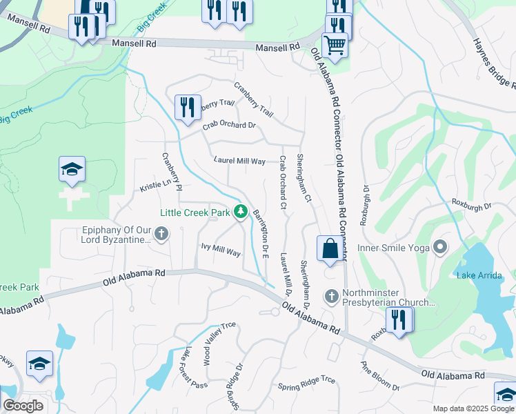 map of restaurants, bars, coffee shops, grocery stores, and more near 270 Barrington Drive West in Roswell