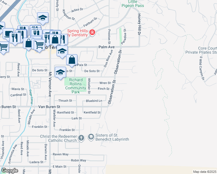 map of restaurants, bars, coffee shops, grocery stores, and more near 22924 Finch Street in Grand Terrace