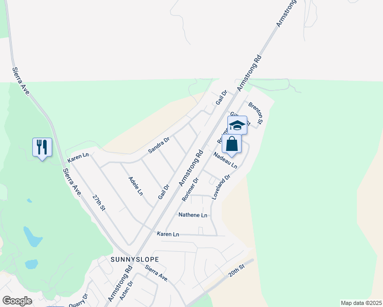 map of restaurants, bars, coffee shops, grocery stores, and more near 2180 Gail Drive in Riverside