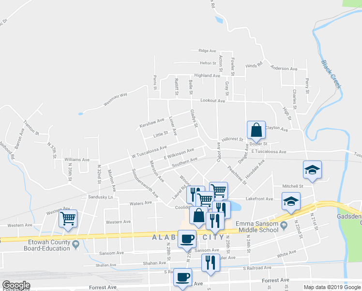 map of restaurants, bars, coffee shops, grocery stores, and more near 17 West Tuscaloosa Avenue in Gadsden