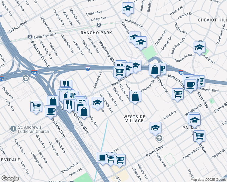 map of restaurants, bars, coffee shops, grocery stores, and more near 3021 Kelton Avenue in Los Angeles