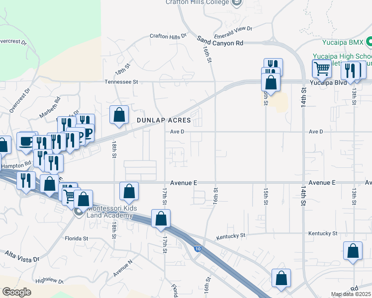 map of restaurants, bars, coffee shops, grocery stores, and more near 12341 Van Gogh Place in Yucaipa