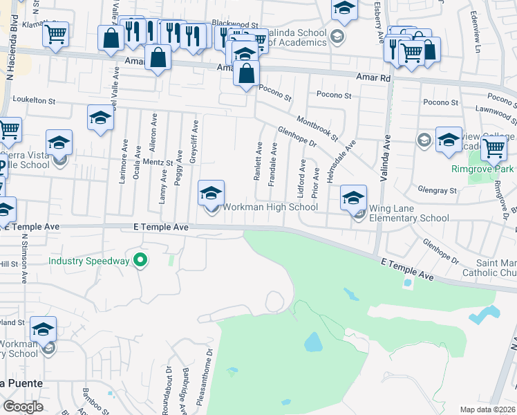 map of restaurants, bars, coffee shops, grocery stores, and more near 534 Ranlett Avenue in La Puente