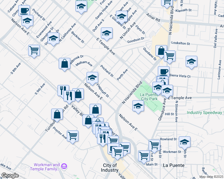 map of restaurants, bars, coffee shops, grocery stores, and more near 15355 Las Vecinas Drive in La Puente