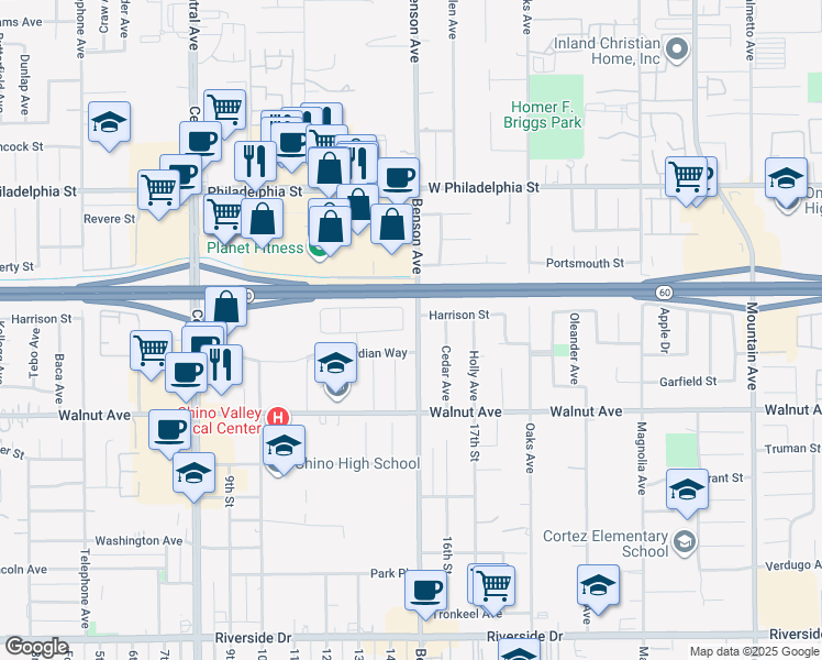 map of restaurants, bars, coffee shops, grocery stores, and more near 12351 Twin Gables Drive in Chino
