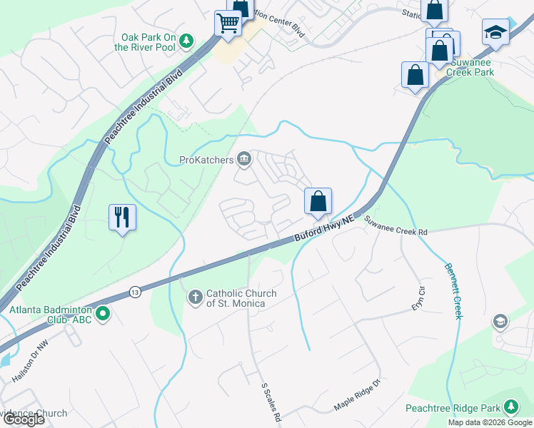 map of restaurants, bars, coffee shops, grocery stores, and more near 3630 Baxley Ridge Drive in Suwanee
