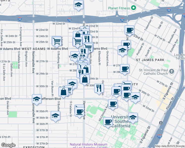 map of restaurants, bars, coffee shops, grocery stores, and more near 2816 Menlo Avenue in Los Angeles