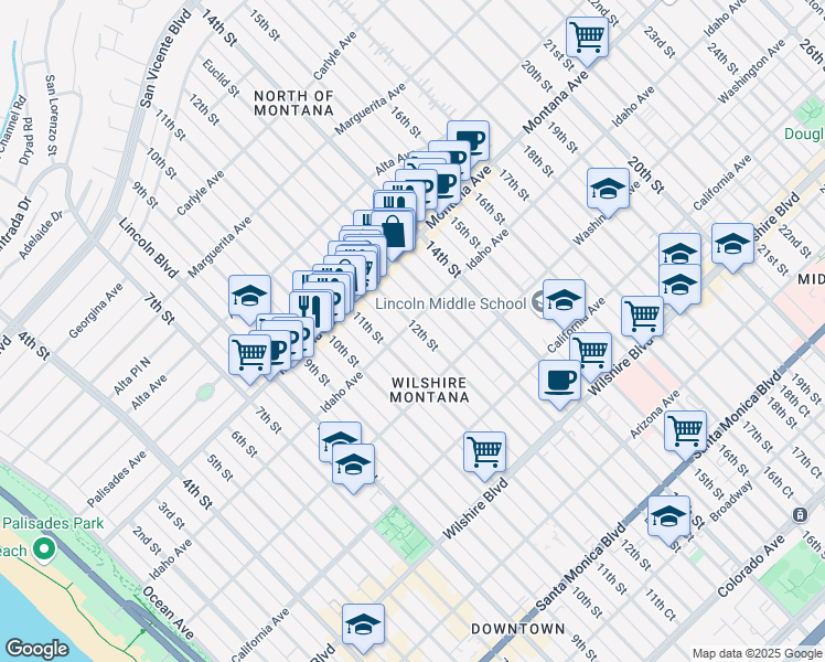 map of restaurants, bars, coffee shops, grocery stores, and more near 1130 Idaho Avenue in Santa Monica