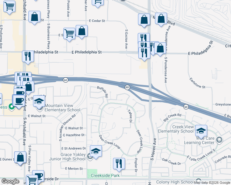 map of restaurants, bars, coffee shops, grocery stores, and more near 3227 Antler Road in Ontario