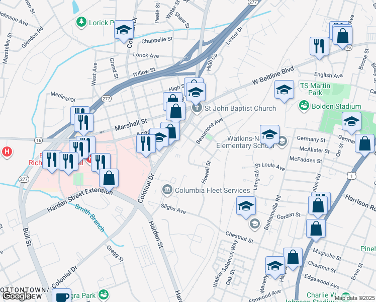 map of restaurants, bars, coffee shops, grocery stores, and more near N3101 Beaumont Avenue in Columbia