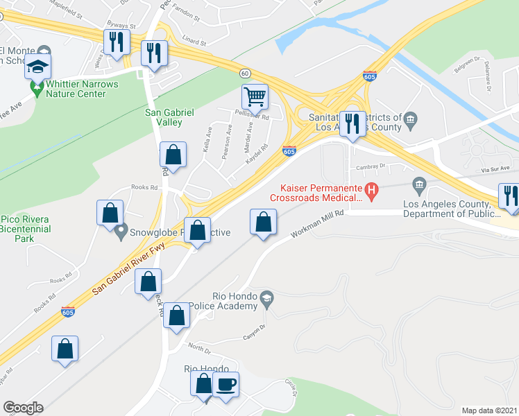 map of restaurants, bars, coffee shops, grocery stores, and more near 2500 Pellissier Place in City of Industry