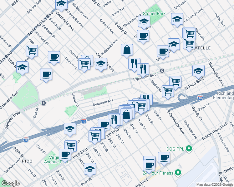 map of restaurants, bars, coffee shops, grocery stores, and more near 3032 Exposition Boulevard in Santa Monica