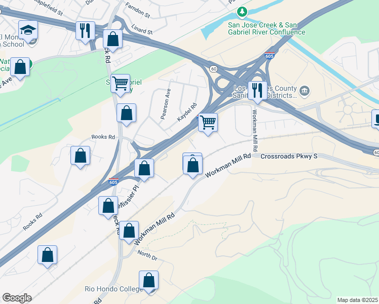 map of restaurants, bars, coffee shops, grocery stores, and more near 2500 Pellissier Place in City of Industry