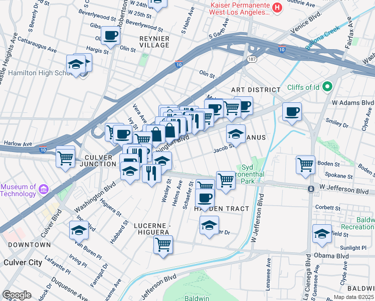 map of restaurants, bars, coffee shops, grocery stores, and more near 3331 Caroline Avenue in Culver City