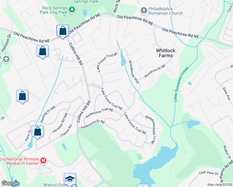 map of restaurants, bars, coffee shops, grocery stores, and more near 2652 Forest Meadow Lane in Lawrenceville