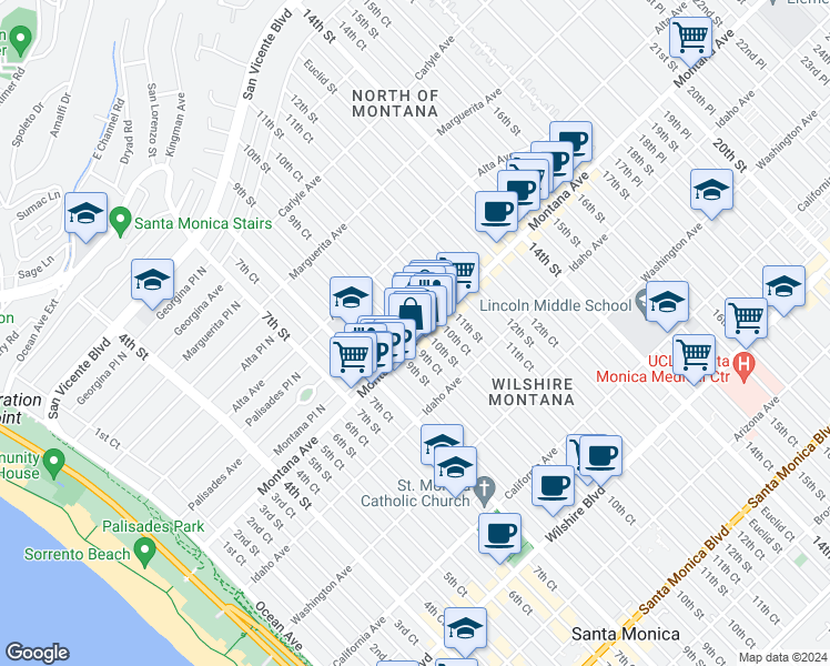 map of restaurants, bars, coffee shops, grocery stores, and more near 729 9th Street in Santa Monica