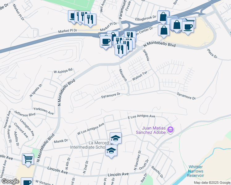 map of restaurants, bars, coffee shops, grocery stores, and more near 1098 Las Flores Ave in Montebello