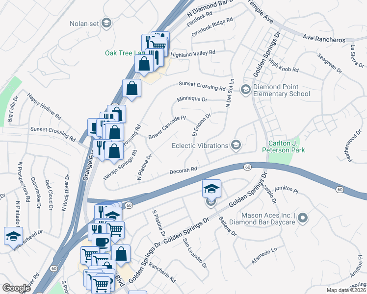 map of restaurants, bars, coffee shops, grocery stores, and more near 23837 Twin Pines Lane in Diamond Bar