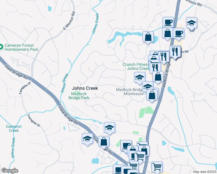 map of restaurants, bars, coffee shops, grocery stores, and more near 5595 Timson Lane in Alpharetta