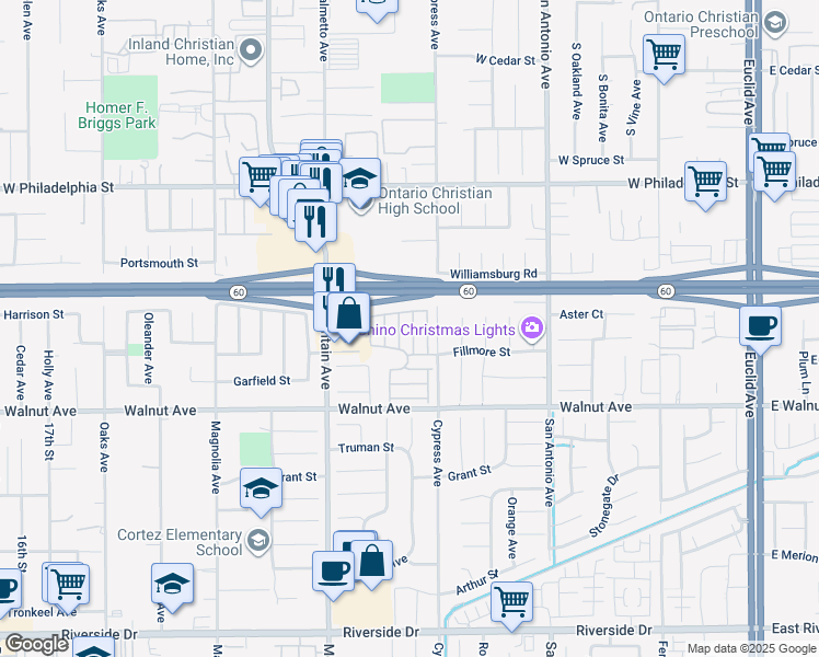 map of restaurants, bars, coffee shops, grocery stores, and more near 12400 Cypress Avenue in Chino