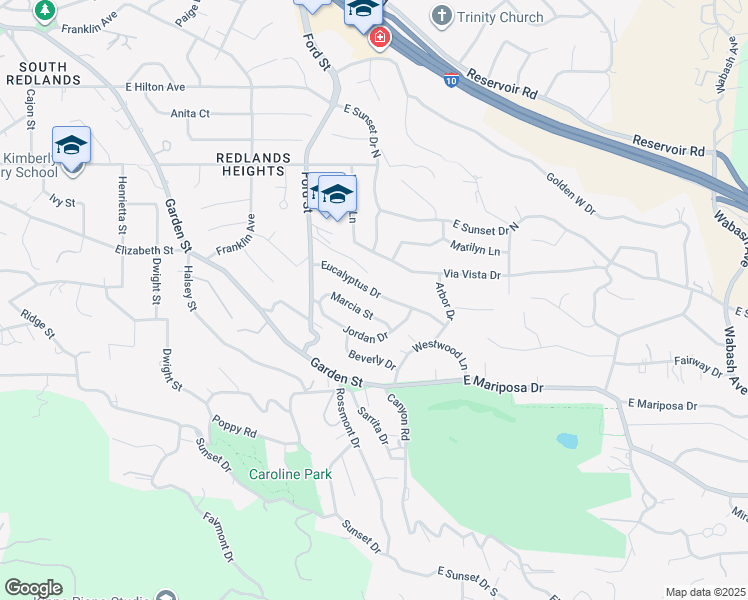 map of restaurants, bars, coffee shops, grocery stores, and more near 406 Eucalyptus Drive in Redlands