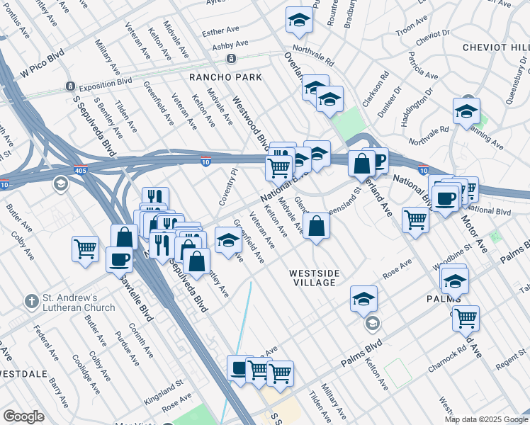 map of restaurants, bars, coffee shops, grocery stores, and more near 3021 Kelton Avenue in Los Angeles