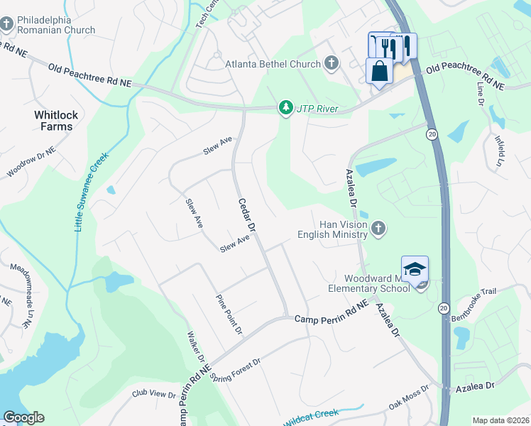 map of restaurants, bars, coffee shops, grocery stores, and more near 2286 Pine Stream Court in Lawrenceville