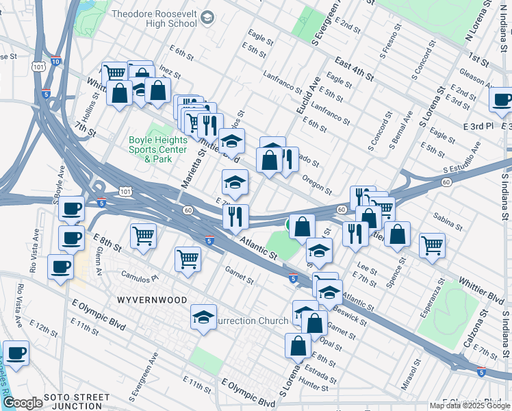 map of restaurants, bars, coffee shops, grocery stores, and more near 956 Euclid Avenue in Los Angeles