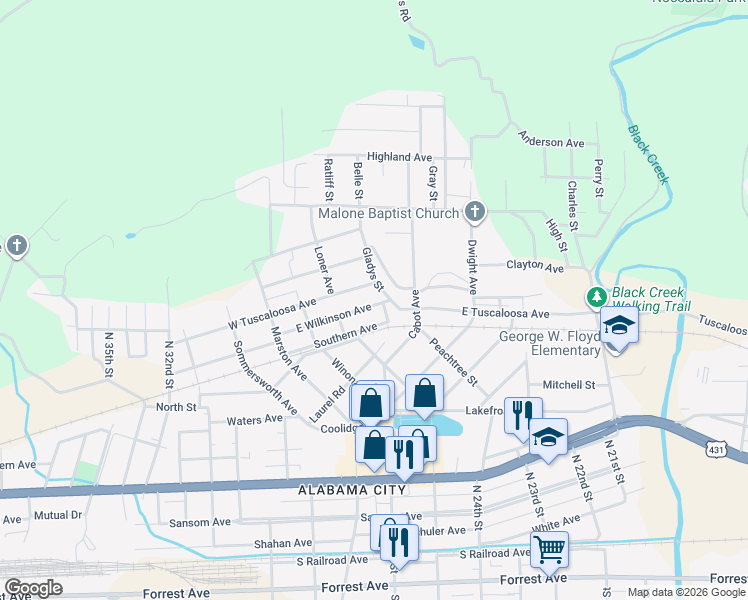 map of restaurants, bars, coffee shops, grocery stores, and more near 4 East Wilkinson Avenue in Gadsden