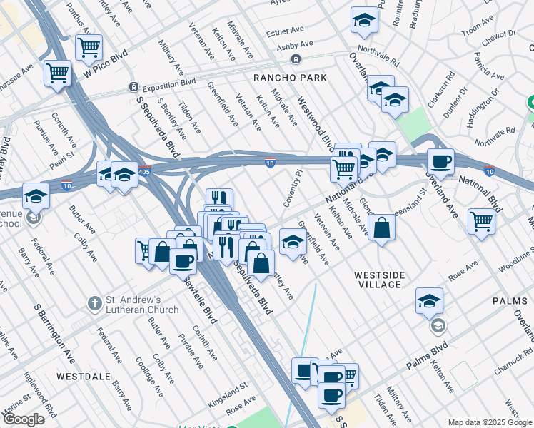 map of restaurants, bars, coffee shops, grocery stores, and more near 2949 Military Avenue in Los Angeles