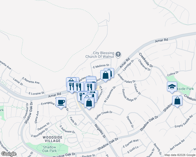 map of restaurants, bars, coffee shops, grocery stores, and more near 2711 East Maureen Street in West Covina