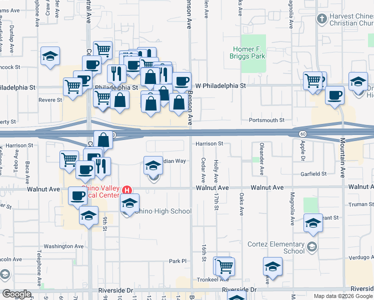 map of restaurants, bars, coffee shops, grocery stores, and more near 12351 Twin Gables Drive in Chino