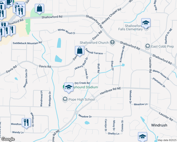 map of restaurants, bars, coffee shops, grocery stores, and more near 3234 Creek Drive in Marietta