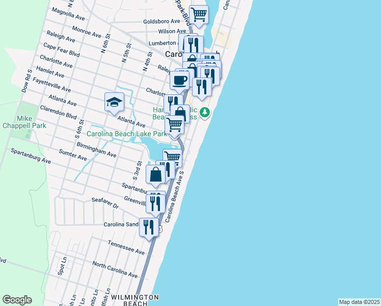 map of restaurants, bars, coffee shops, grocery stores, and more near 409 Carolina Beach Avenue South in Carolina Beach