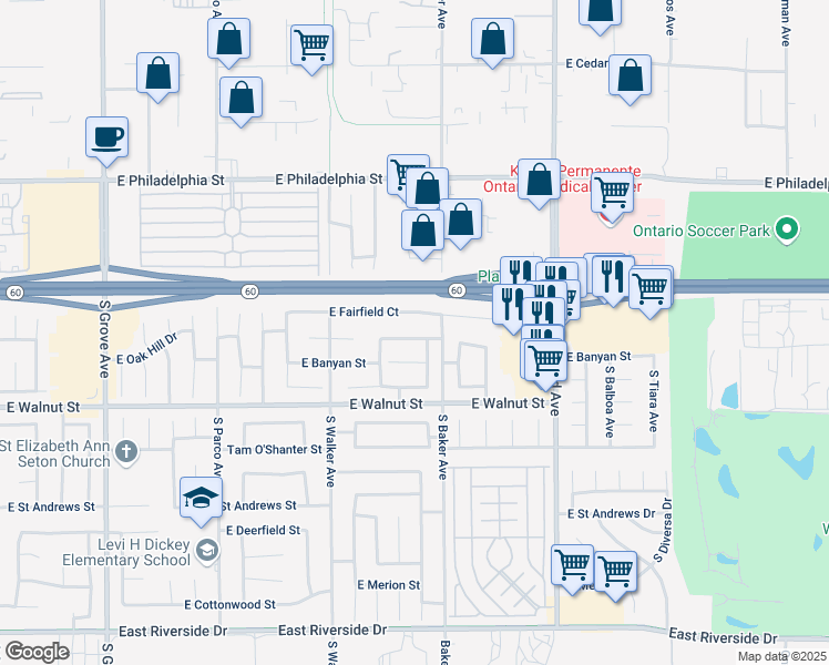 map of restaurants, bars, coffee shops, grocery stores, and more near 1619 East Oak Hill Court in Ontario