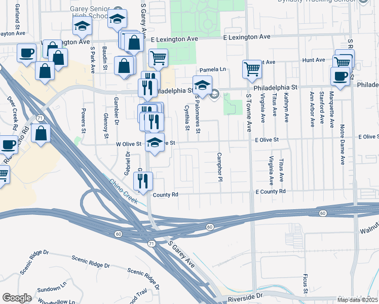 map of restaurants, bars, coffee shops, grocery stores, and more near 361 Orchid Lane in Pomona